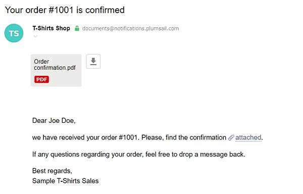 Gmail notification with the generated Shopify order confirmation attached as a PDF