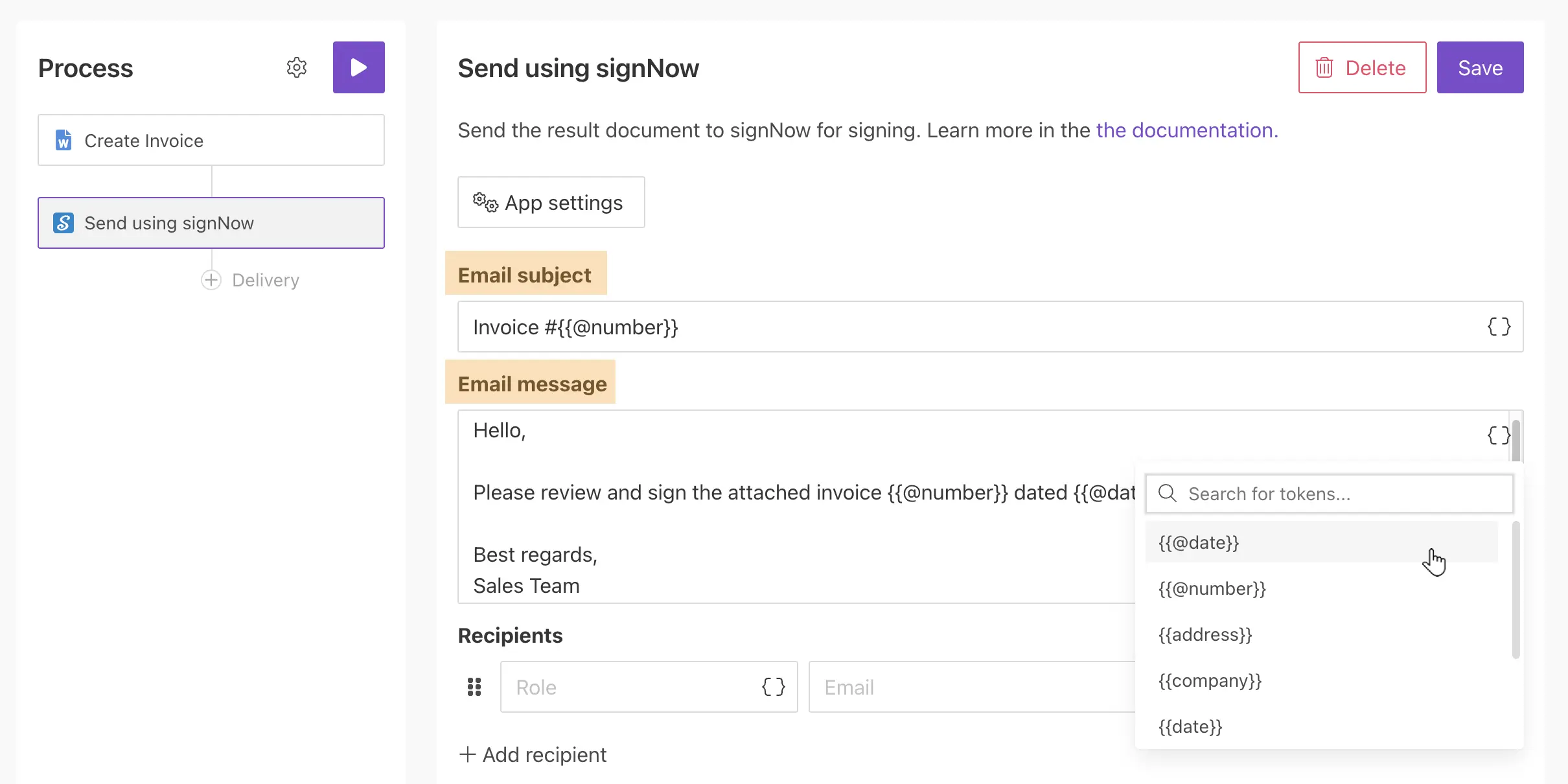 Fill in email subject and body in signNow delivery