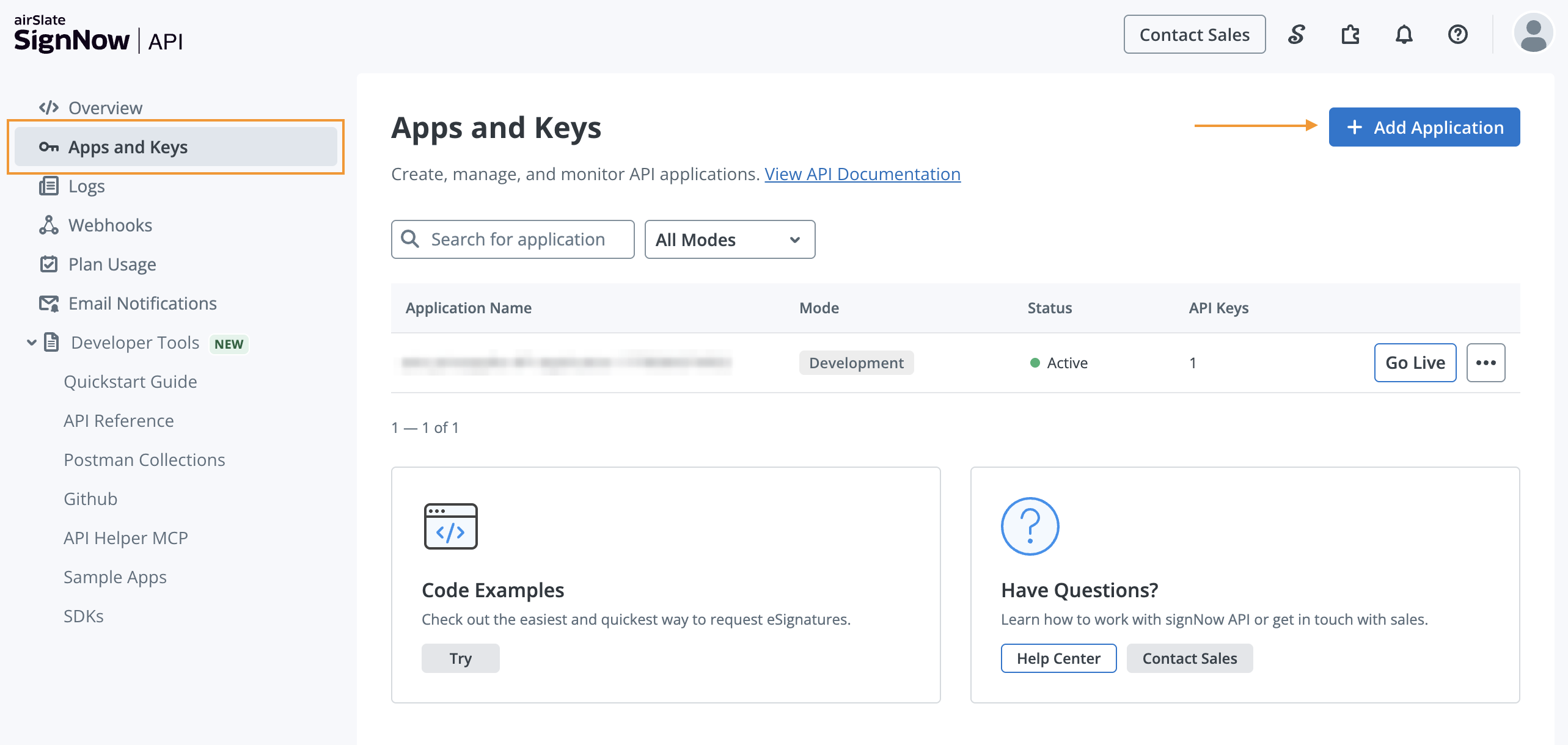 signNow Apps and keys page