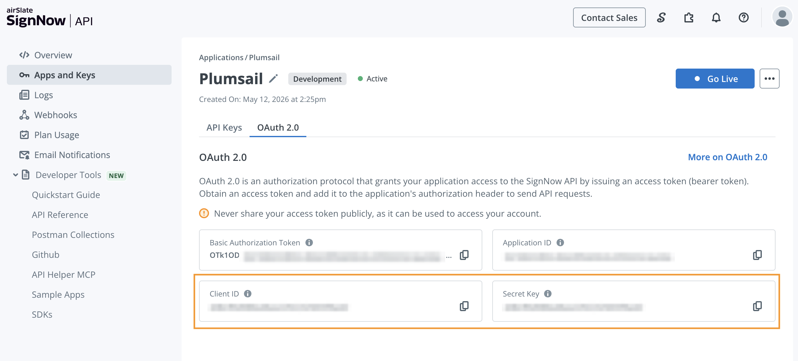 signNow copy Client ID and Client secret