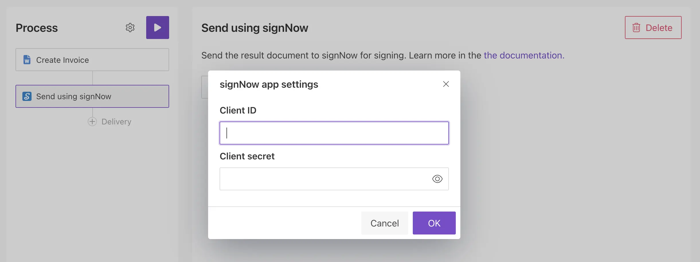 signNow connection settings