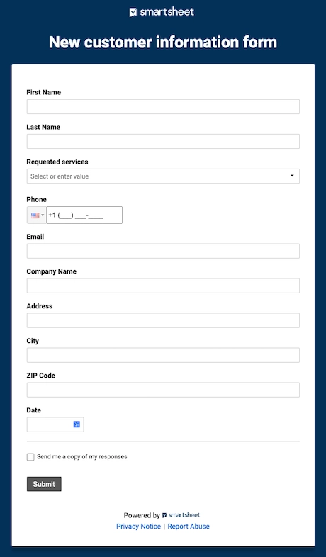 Smartsheet new customer form
