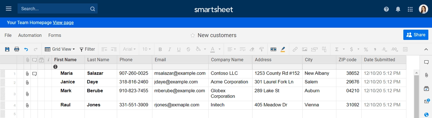 Smartsheet sheet
