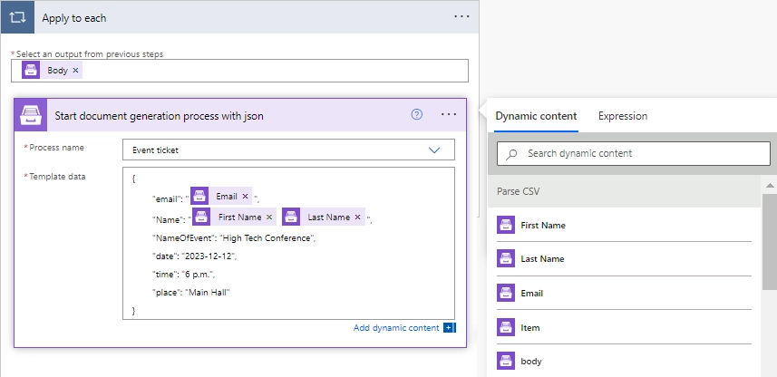 Start document generation action