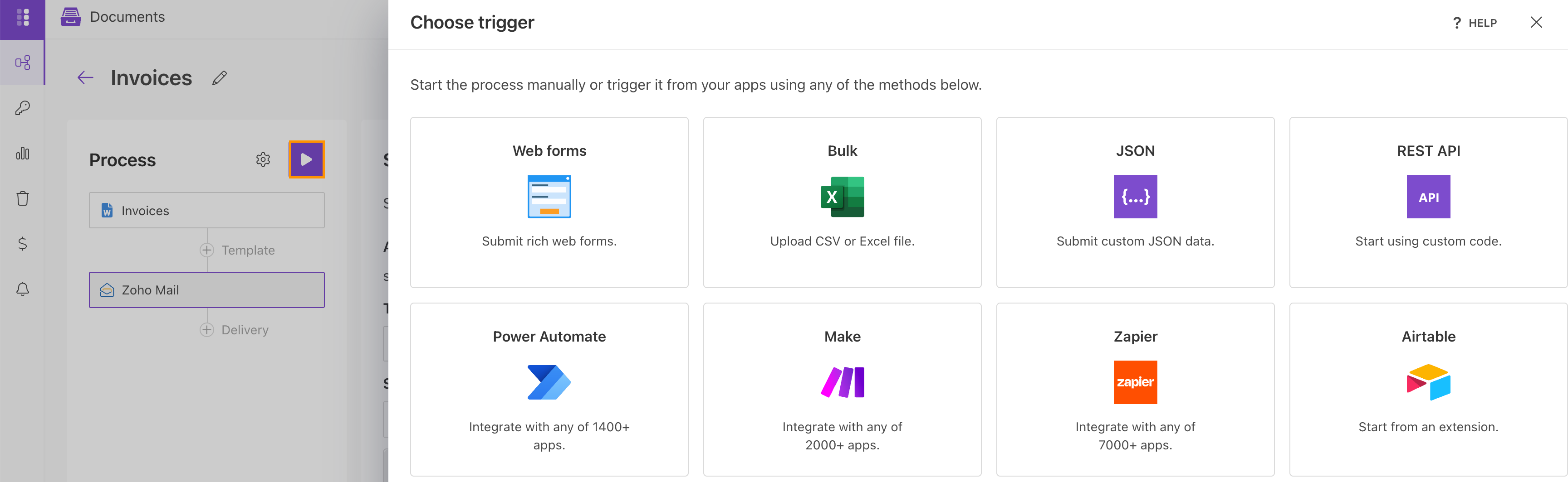 Integration and trigger options for starting a DOCX document generation process