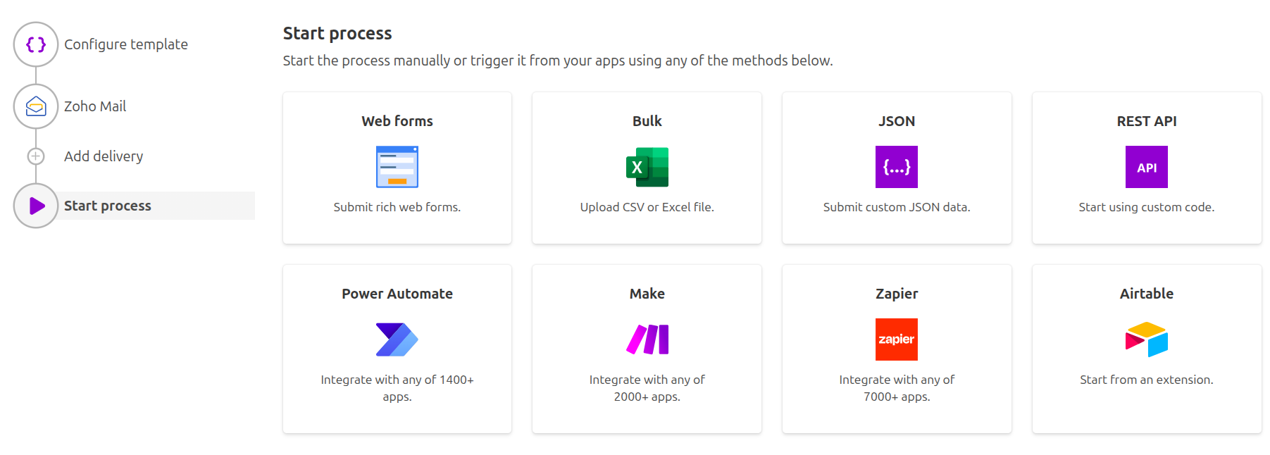 Options for starting the Word document generation process from a template