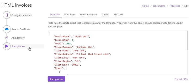 start process to create HTML from template
