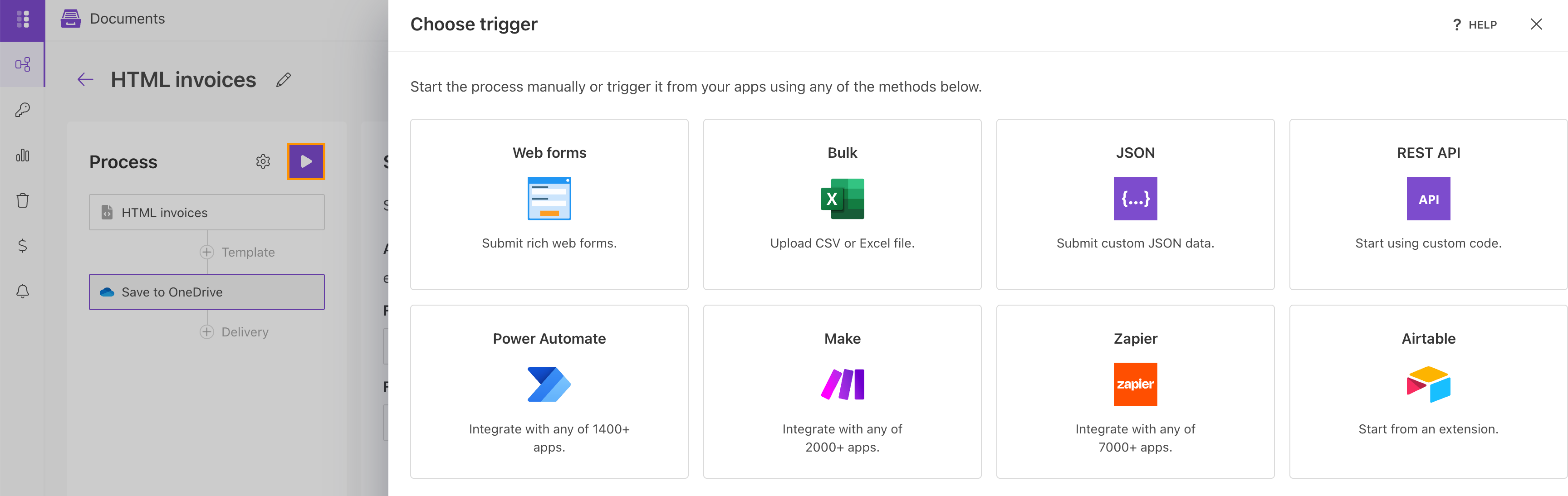 Start an HTML template process using integration options