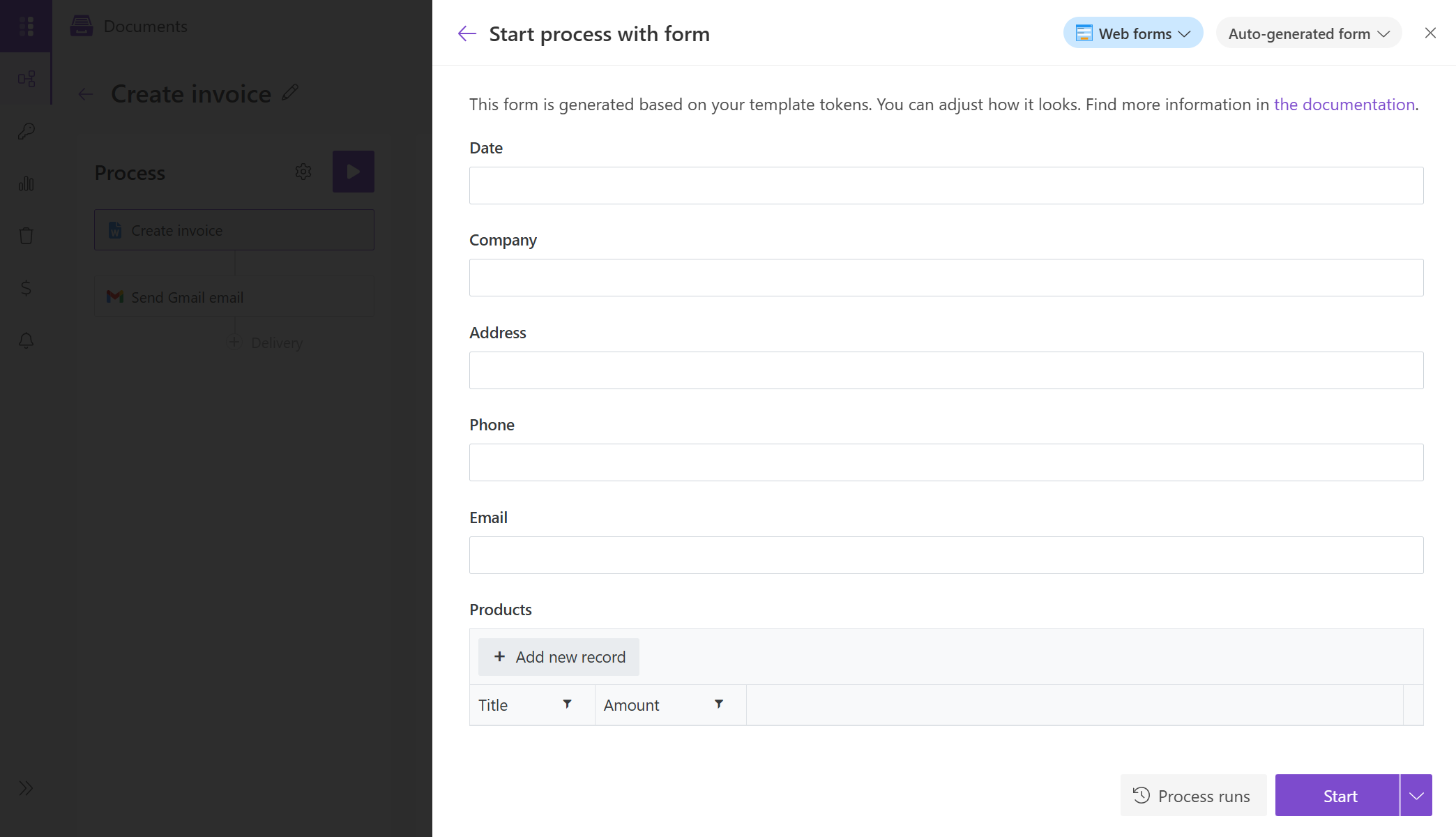 Auto-generated form in the start panel
