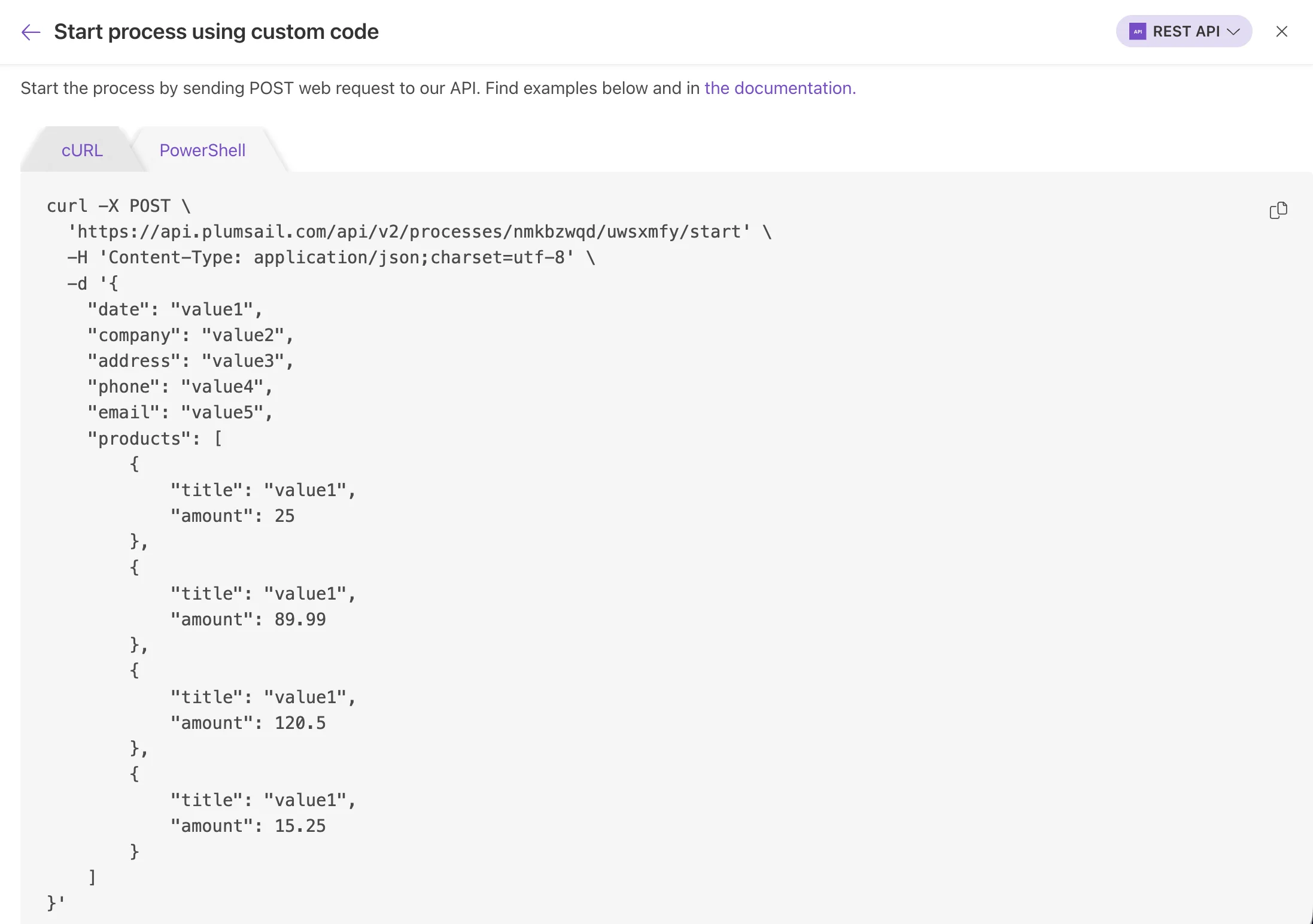 cURL example for starting process