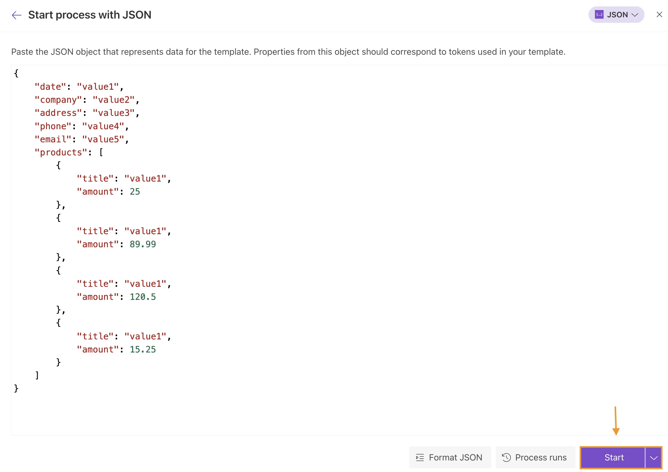 Submit JSON data in process panel