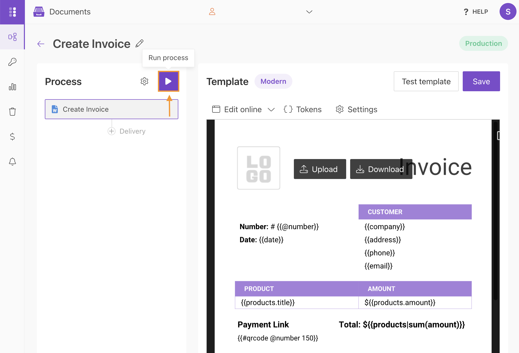 Run process page with available start options