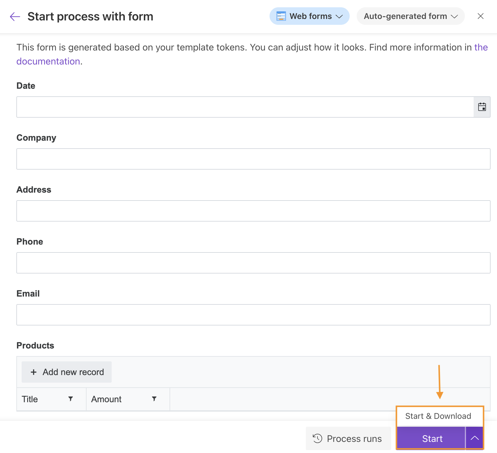 Start process panel button