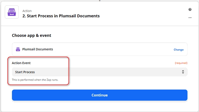 Choose Start process for an action event