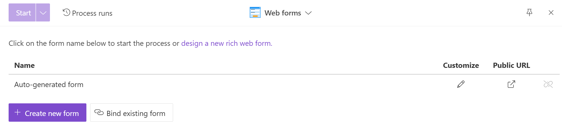 Web forms list with auto-generated form