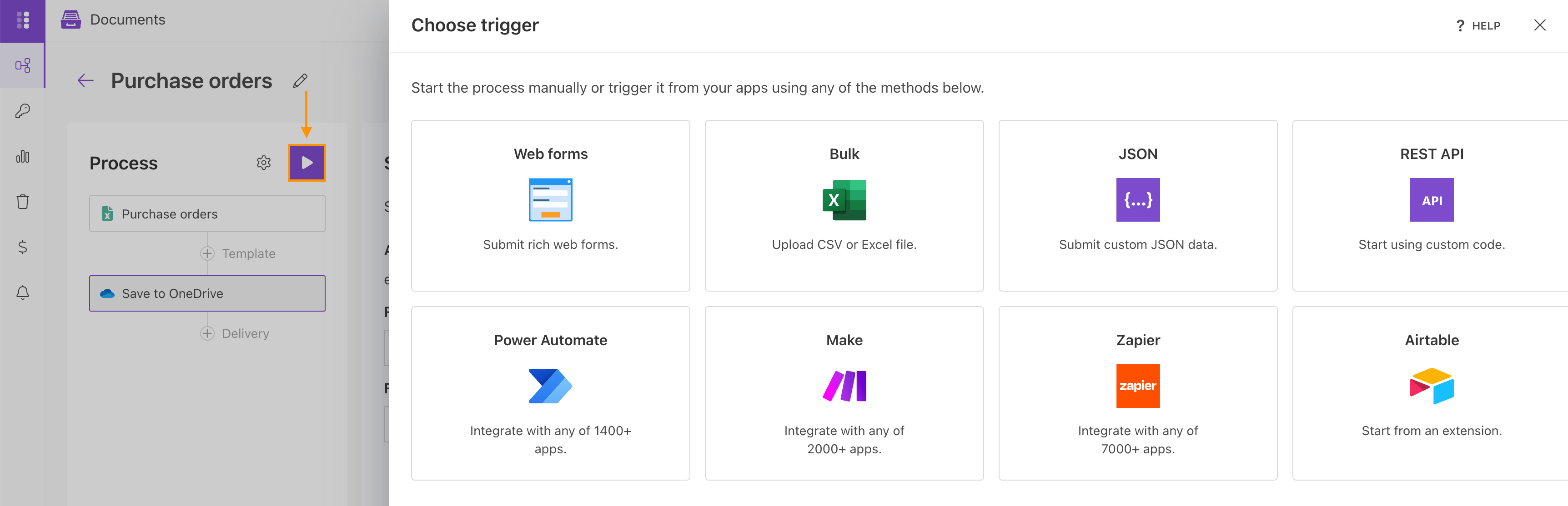 Start options for an XLSX document generation process