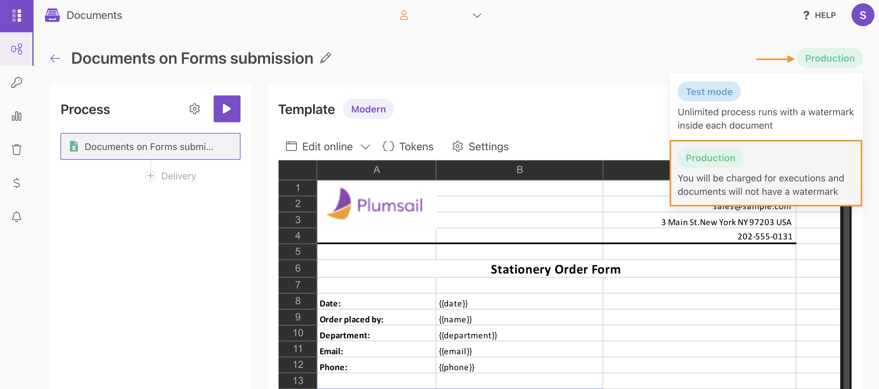 Switch the template mode to Production