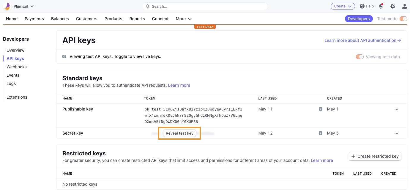 Copy secret key in Stripe