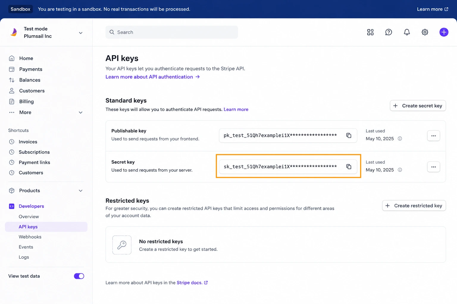 Copy secret key in Stripe