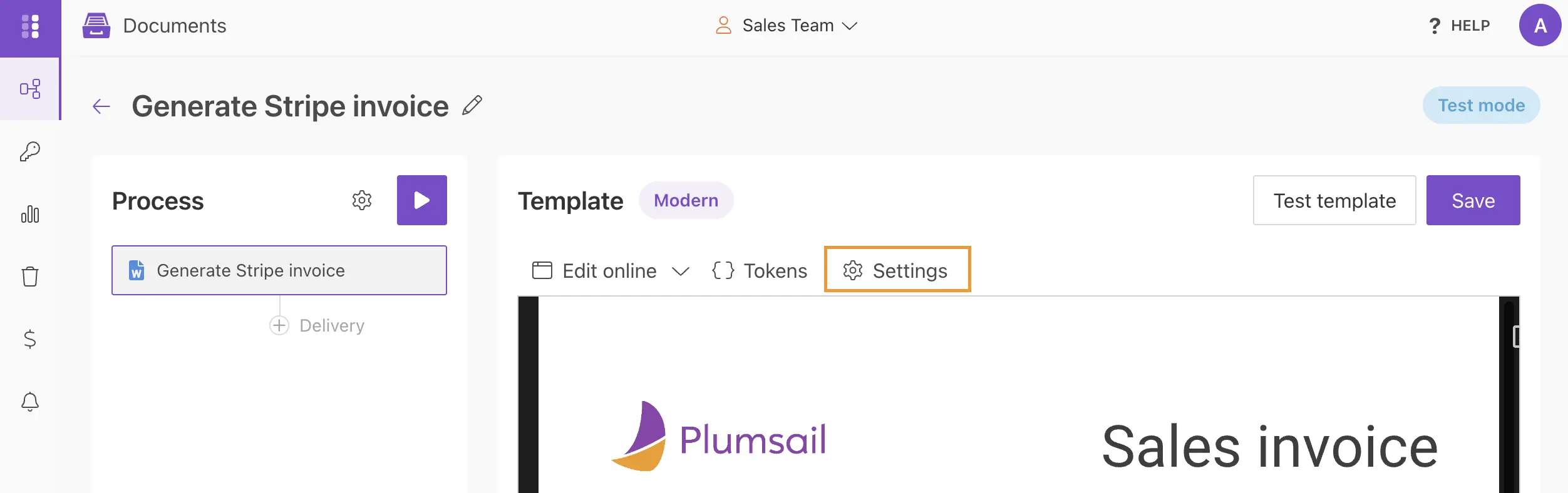 Template settings button in Plumsail Documents processes
