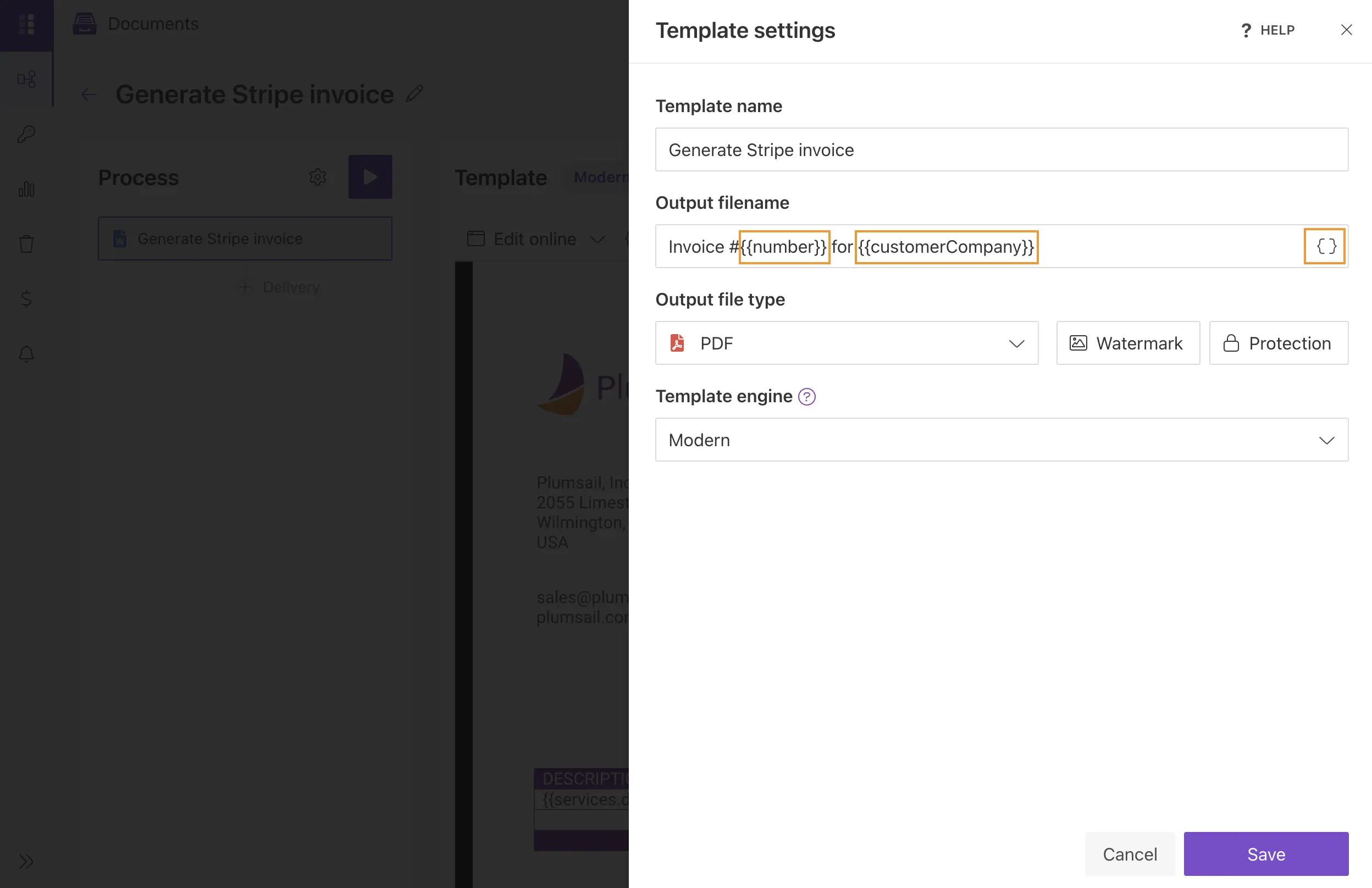 Template settings in Plumsail Documents processes