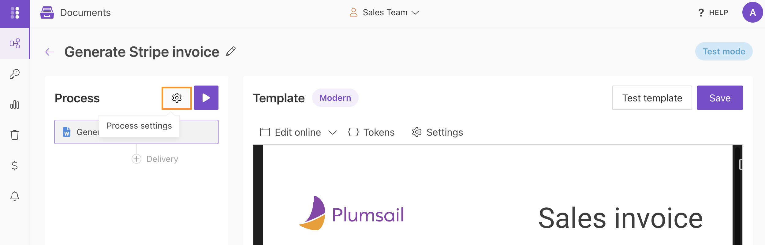 Process settings button in Plumsail Documents processes