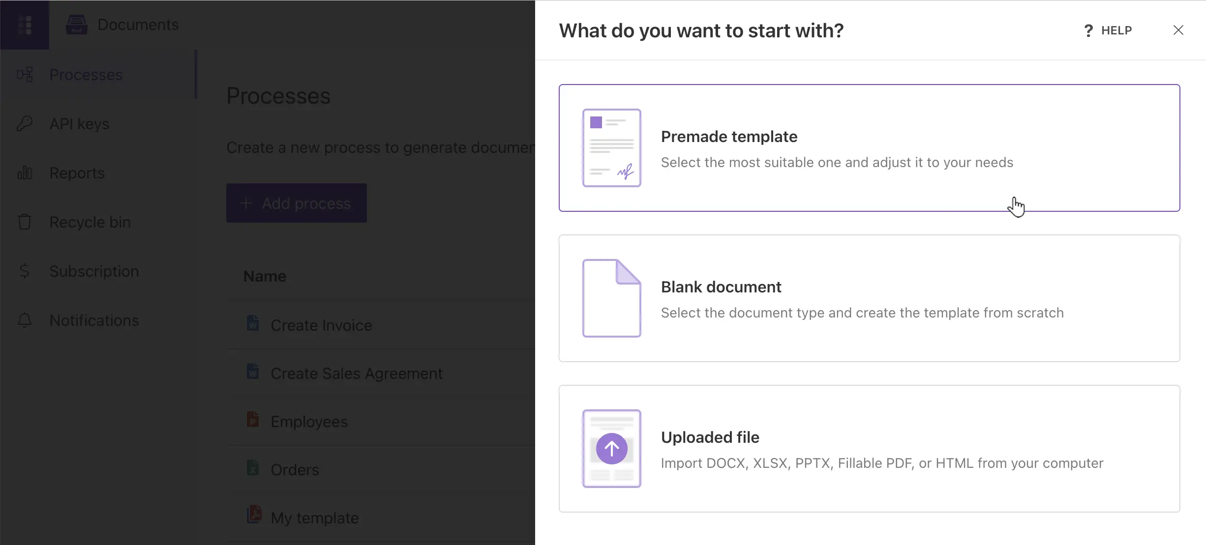 Select premade template option in Plumsail Documents.