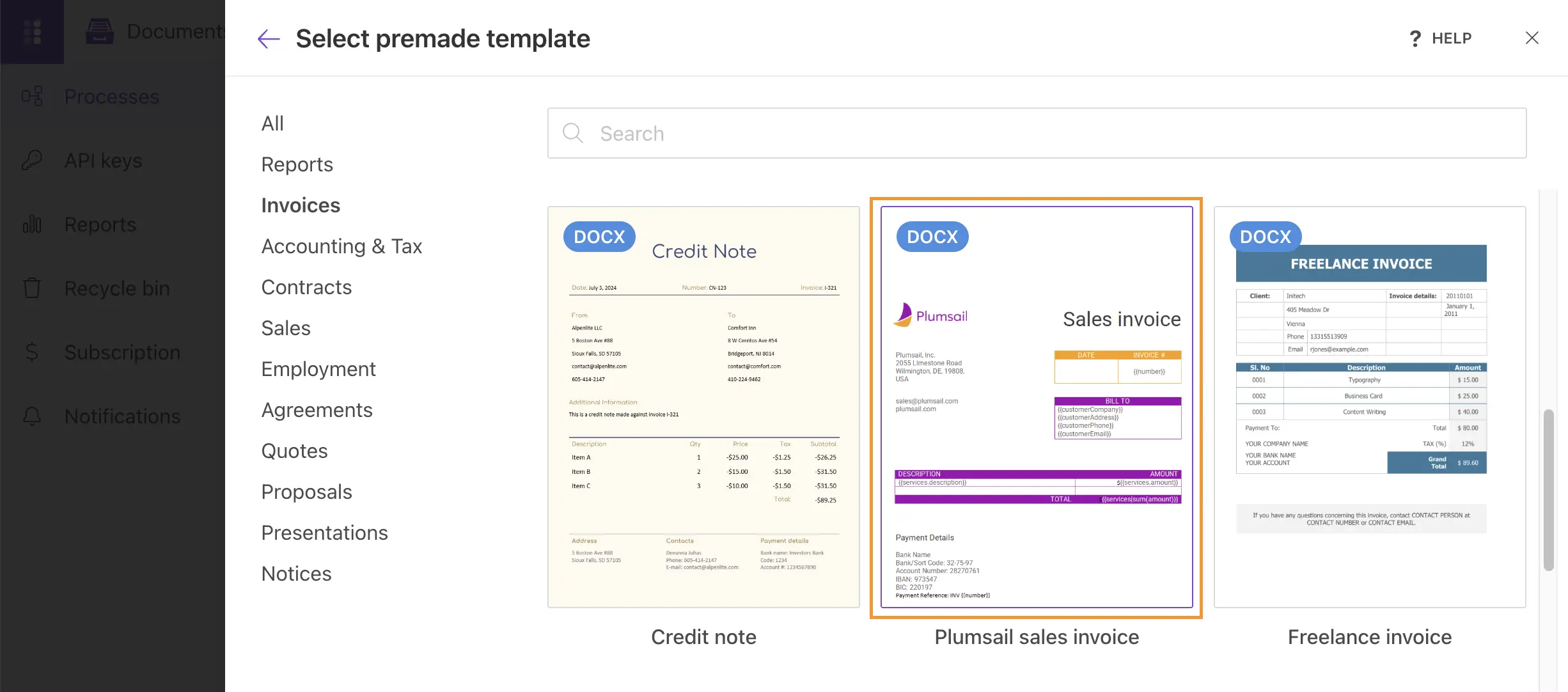 Select sales template in Plumsail Documents.