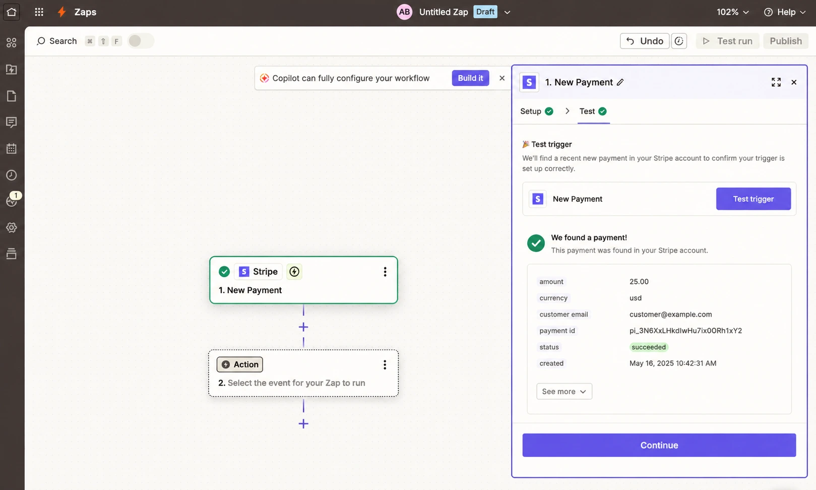 Successful example test Trigger in Zapier
