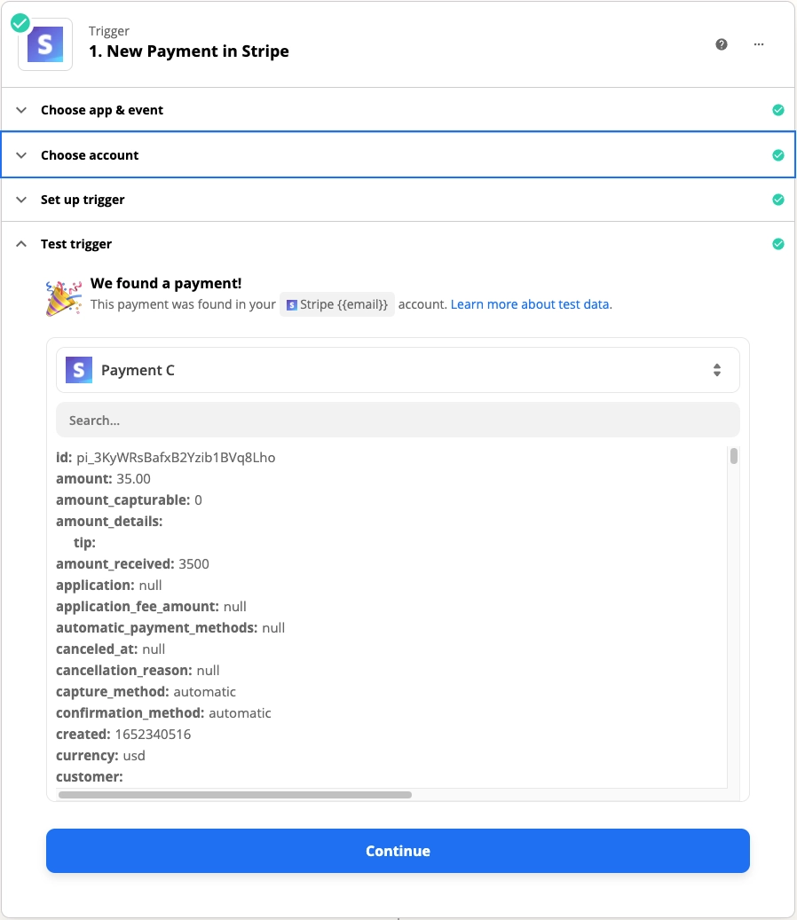Successful test Trigger in Zapier