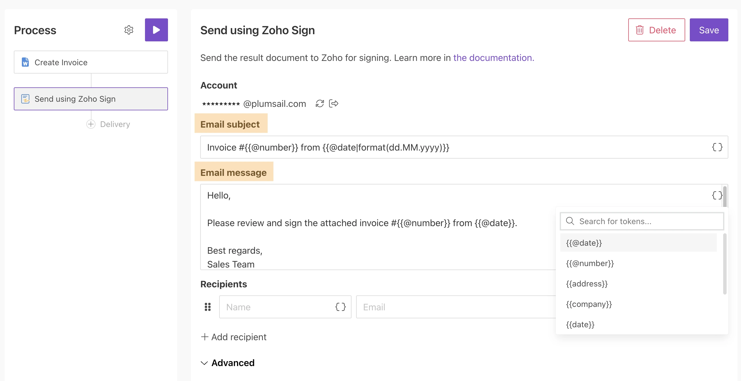 Fill in email subject and body in Zoho sign delivery