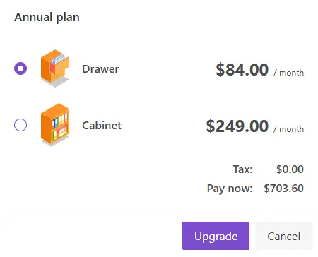 Upgrade subscription plan - Available plans