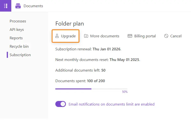 Upgrade subscription plan