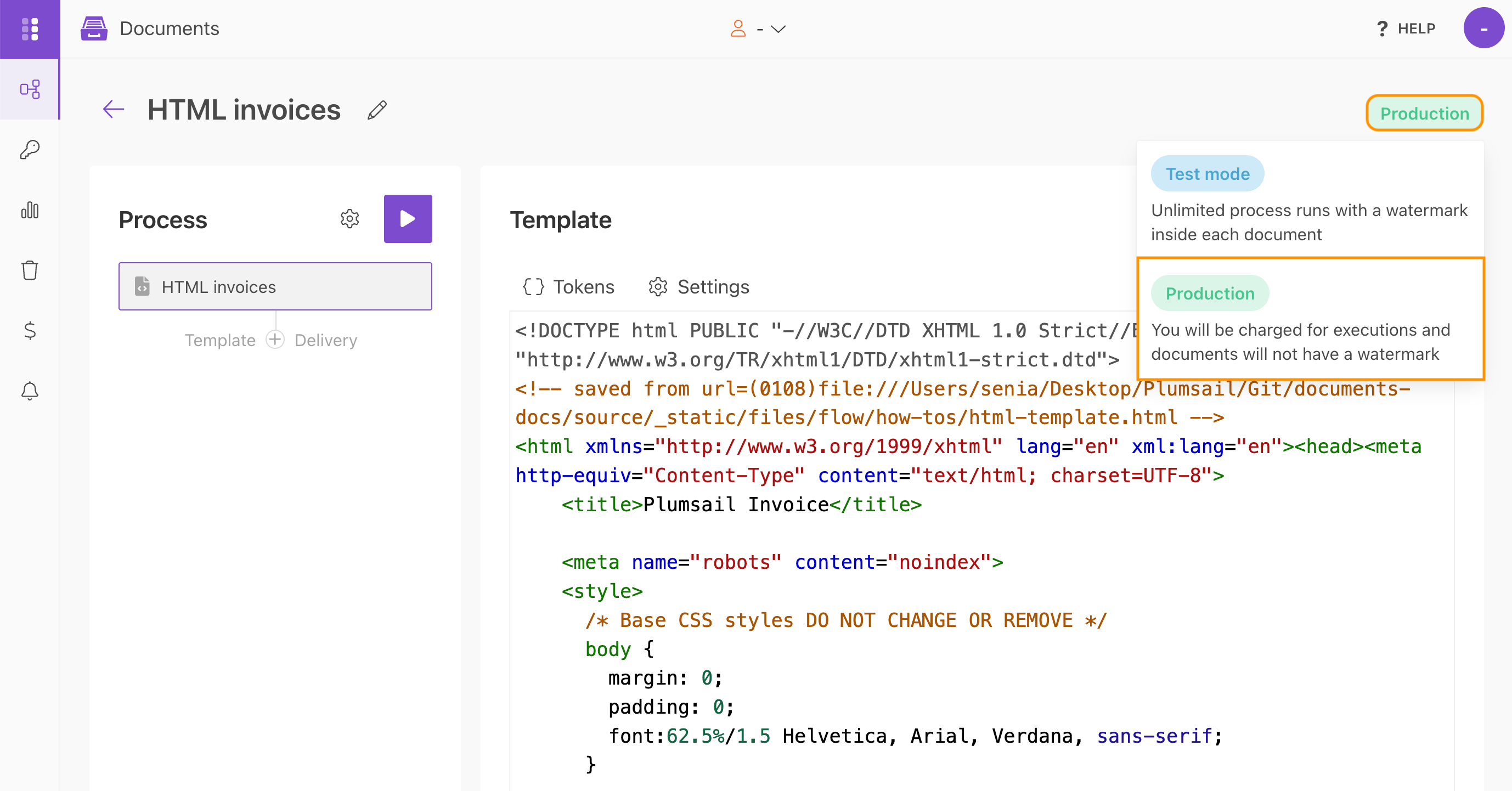 Switch an HTML template process to Production mode