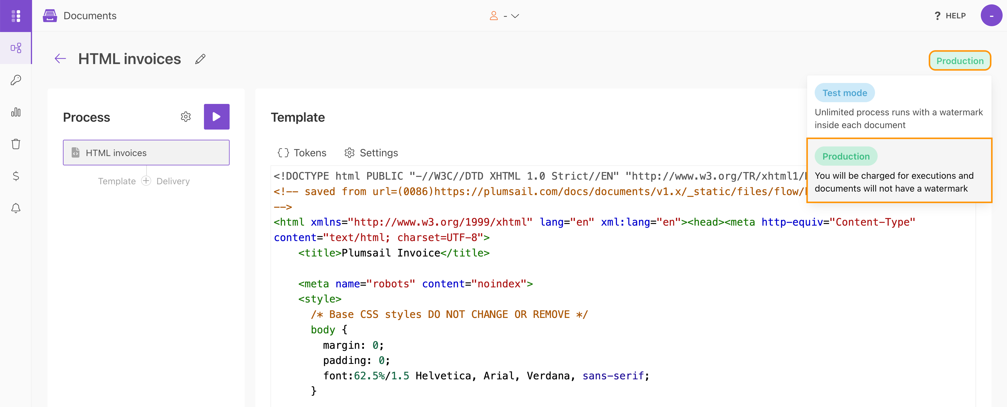 Switch the process to Production mode to remove Plumsail watermarks