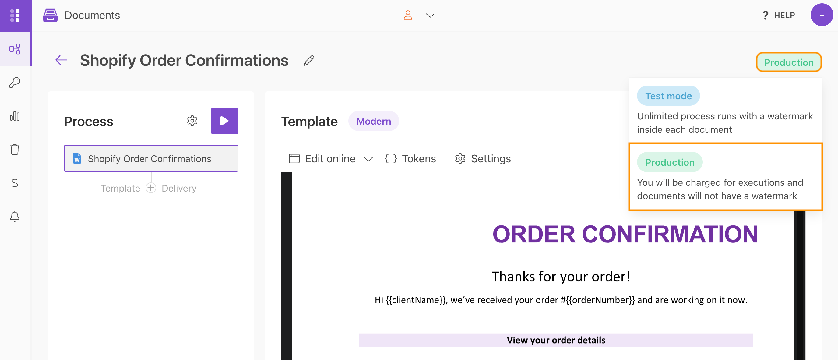 Switch the Shopify order confirmation process to Production mode to remove Plumsail watermarks