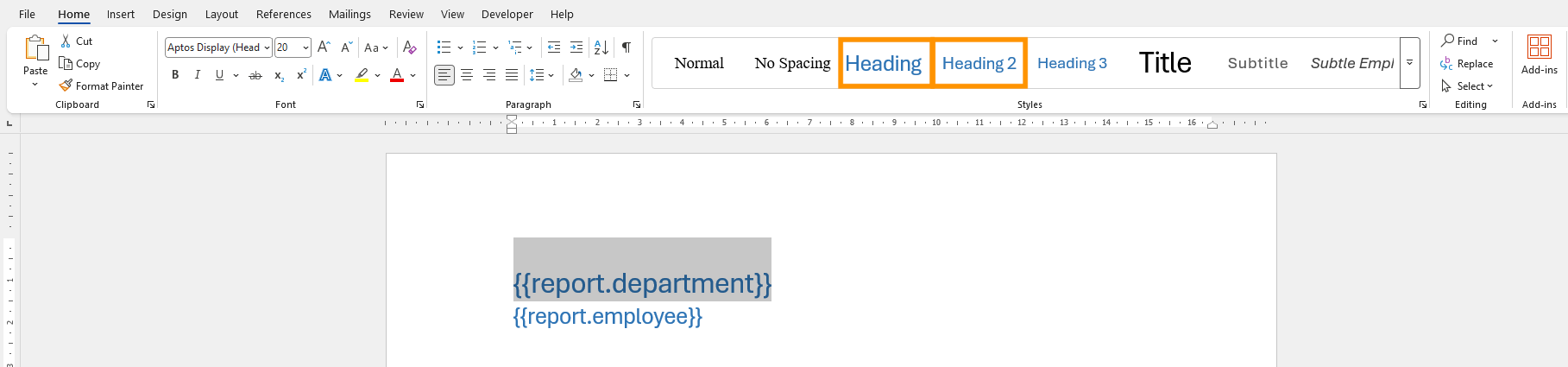 Modern Documents template with department and employee tokens tagged as H1 and H2 headings