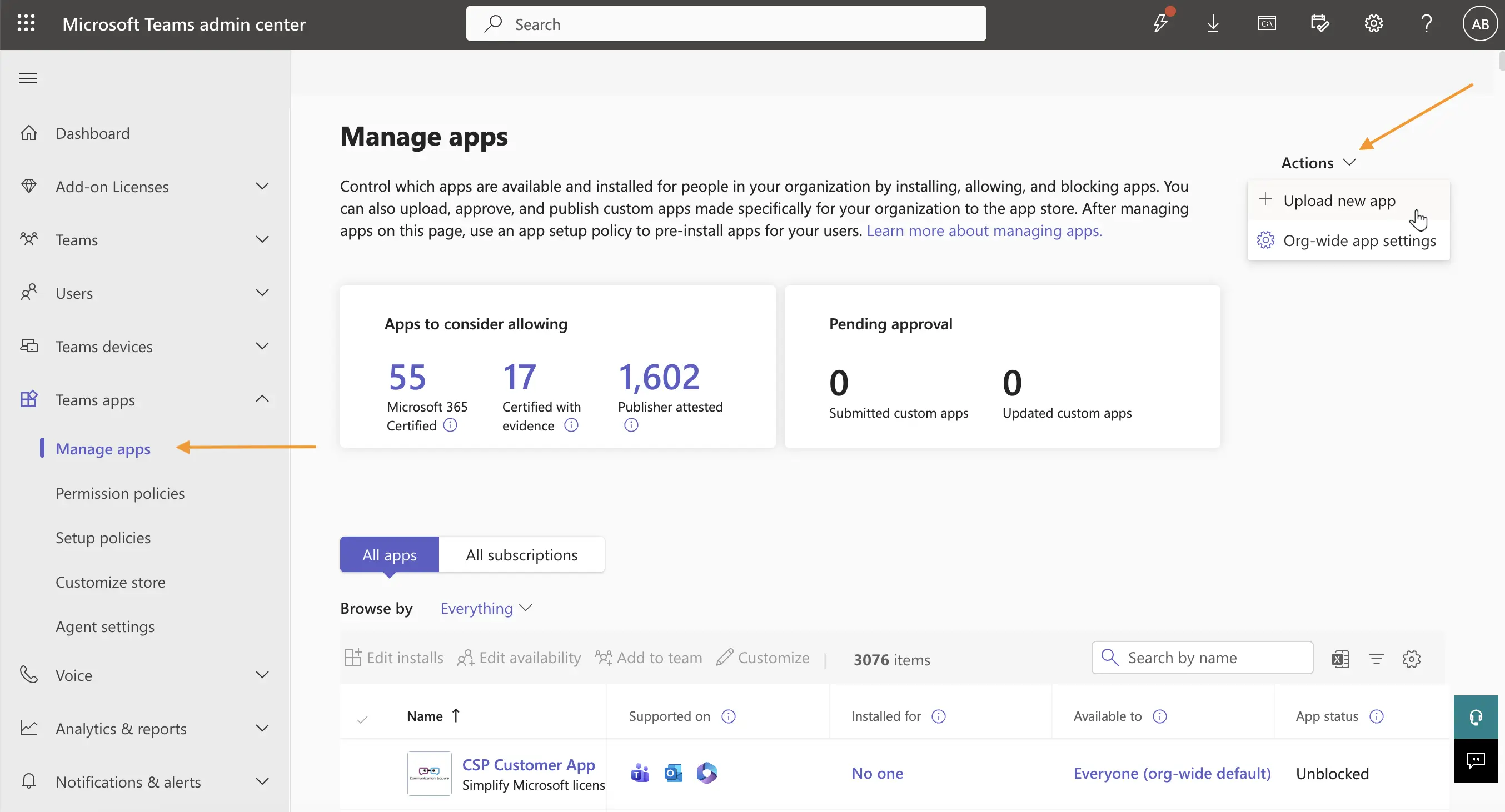 Teams admin center - manage apps