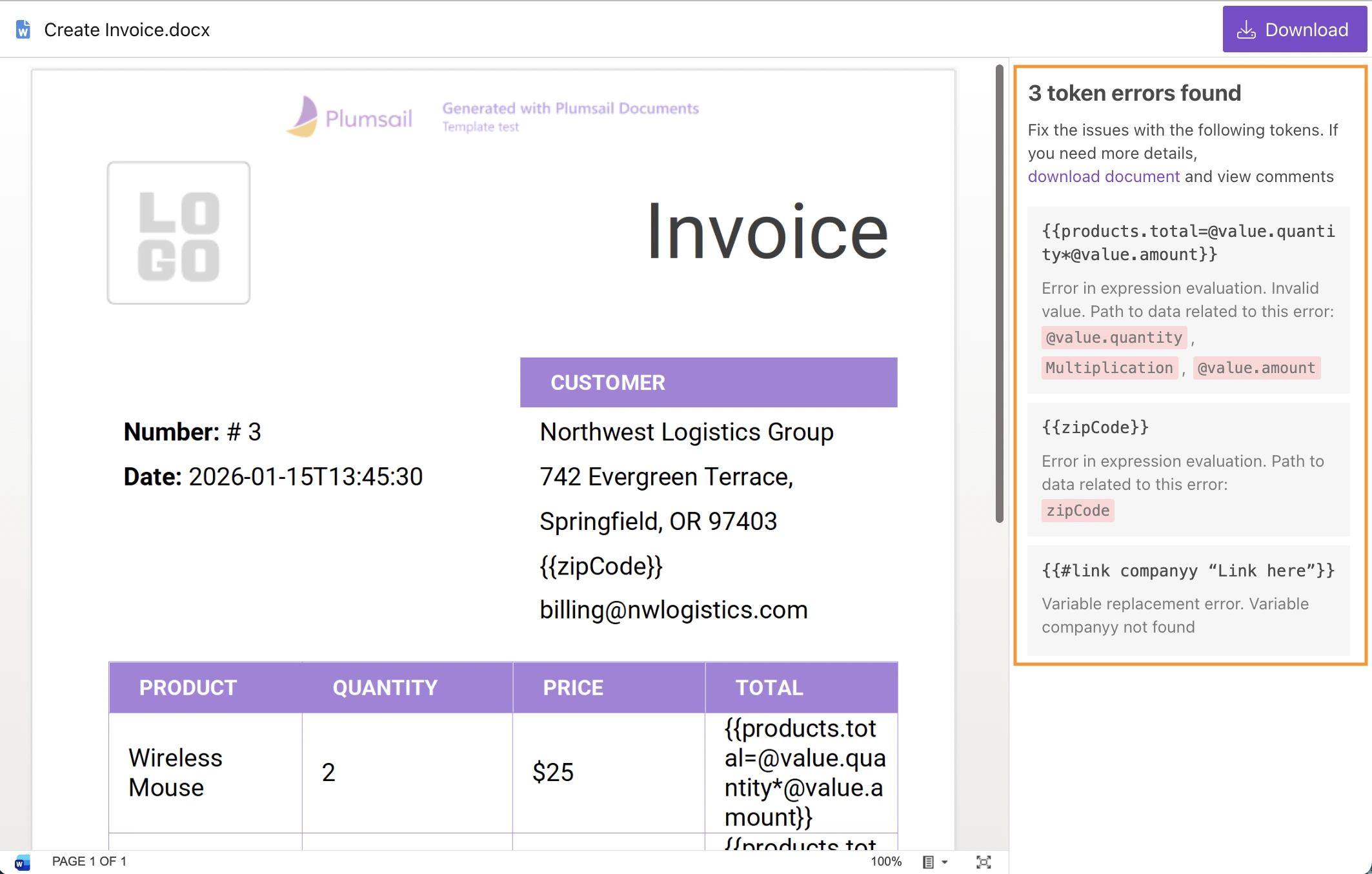 Modern engine preview showing token errors found in a DOCX template
