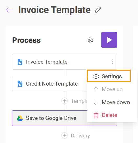Template settings gear icon in the Process panel