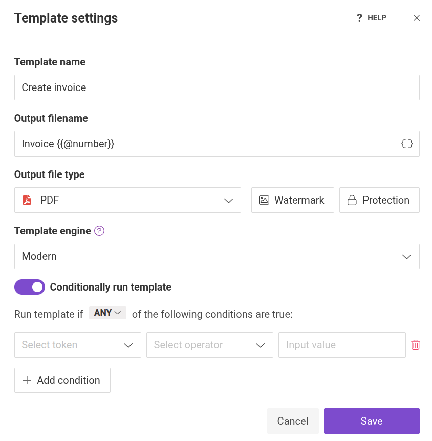 Template settings dialog