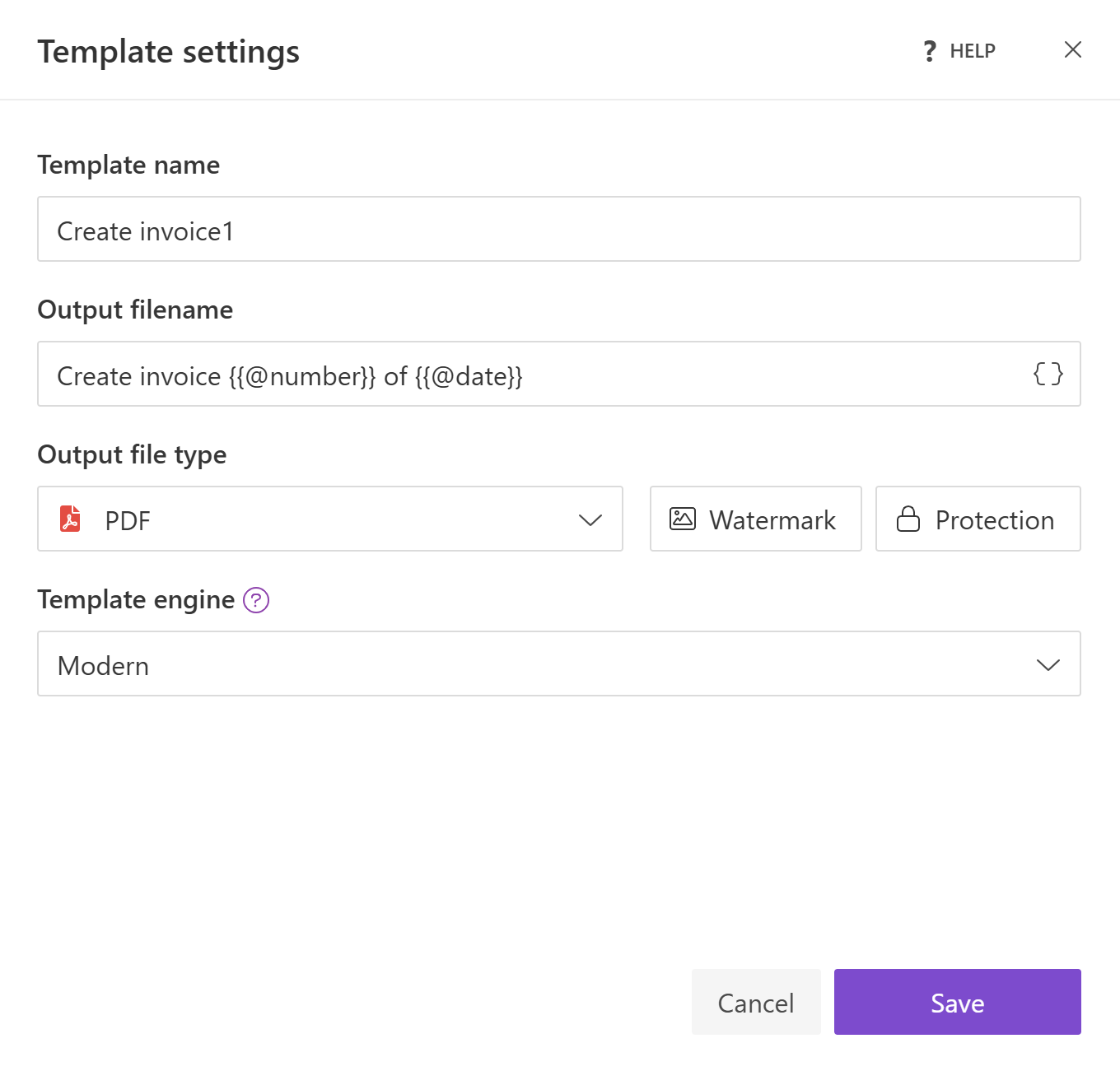 Template settings dialog