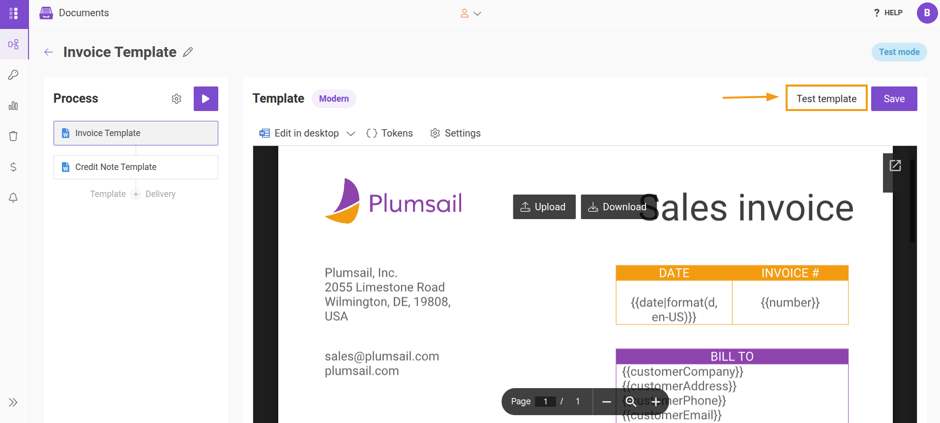 Test template button in Online editor