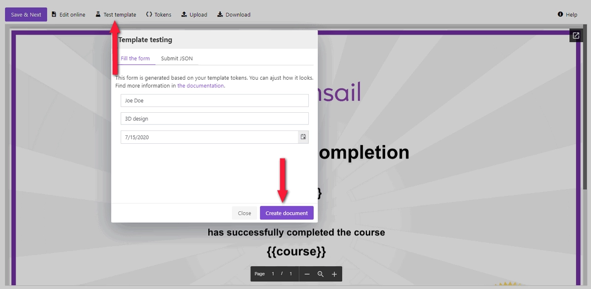 Test template to see the resulting certificate