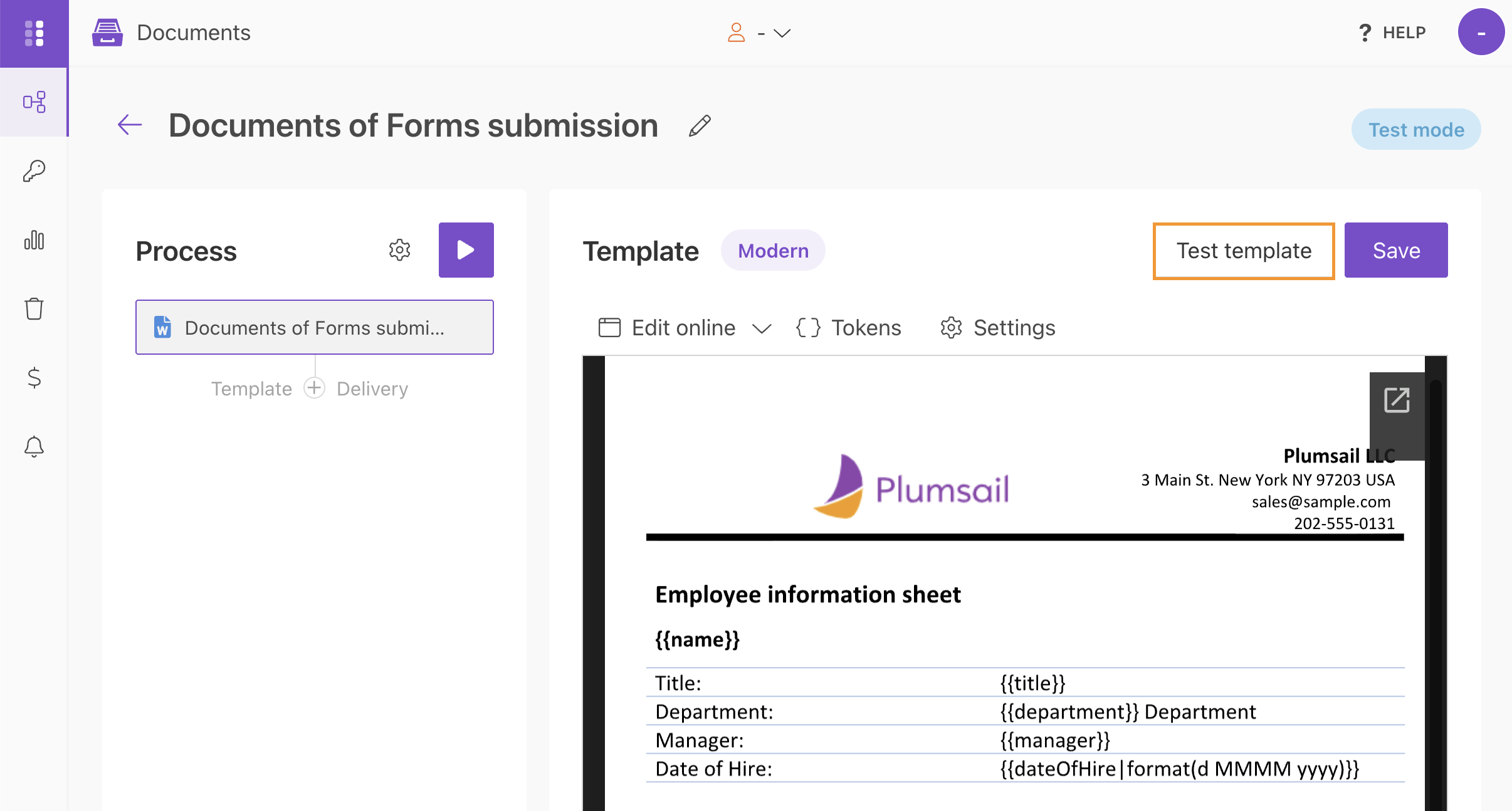 Test the DOCX template with form data