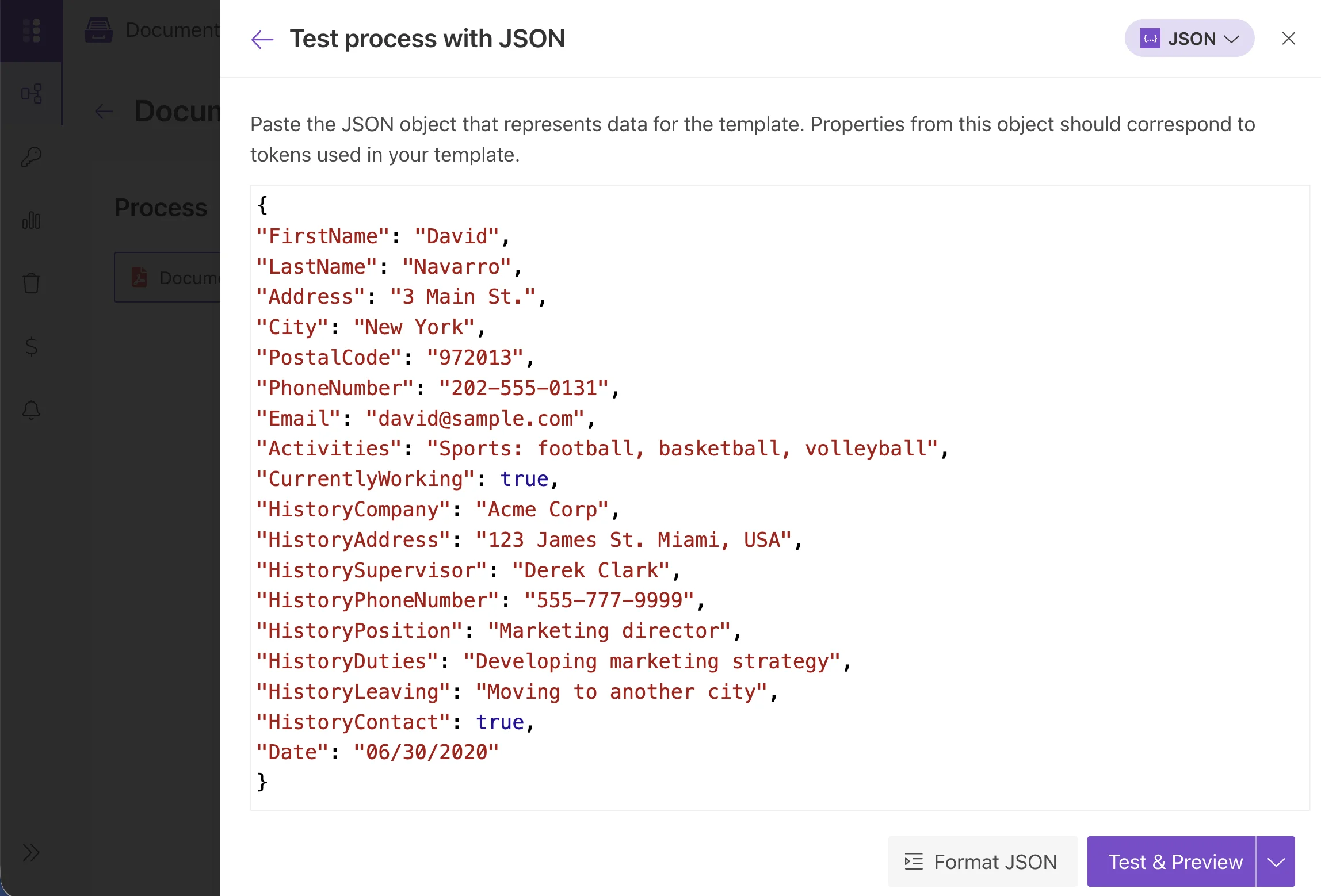 JSON test data dialog for a fillable PDF template