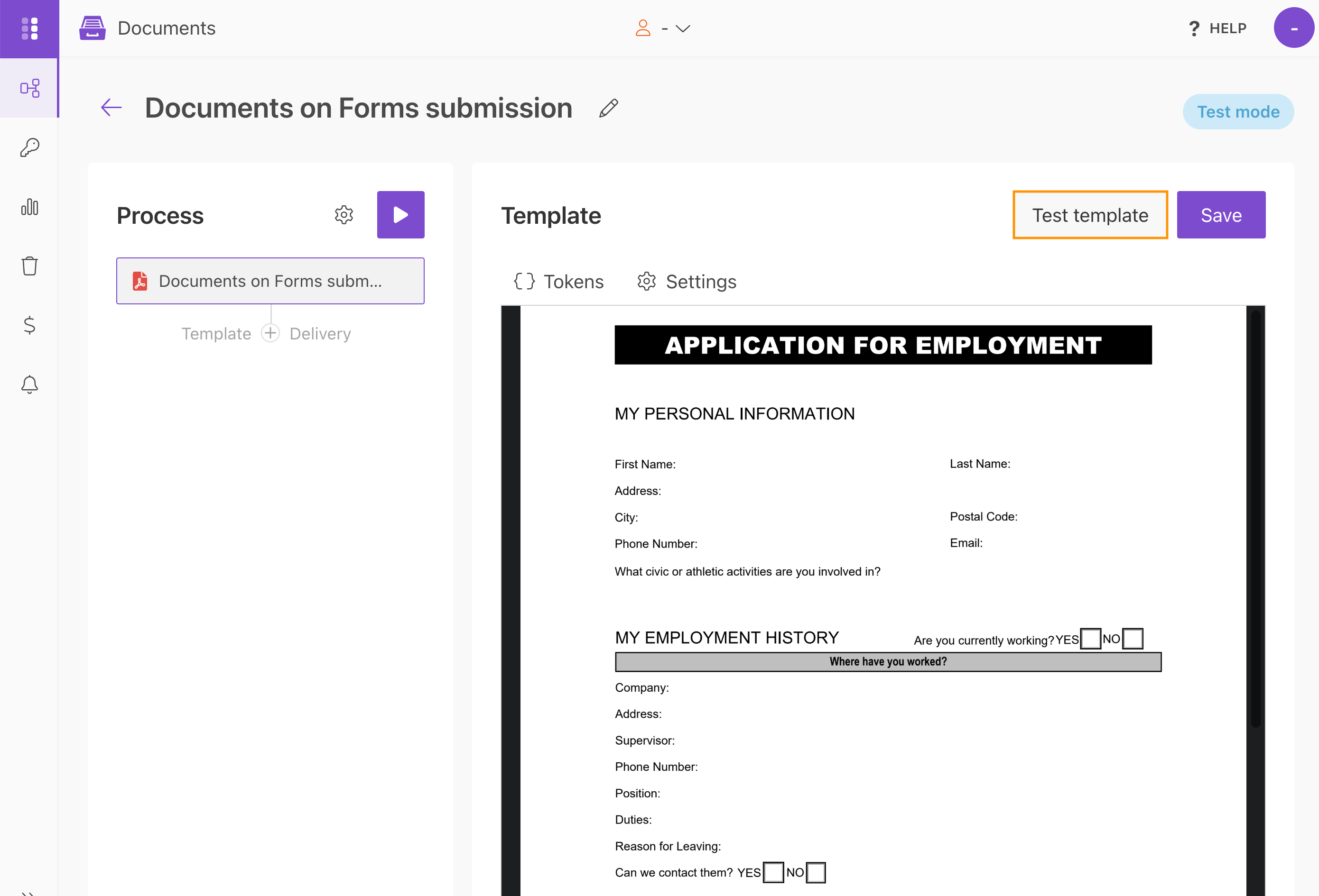 Testing a fillable PDF template in Plumsail Documents