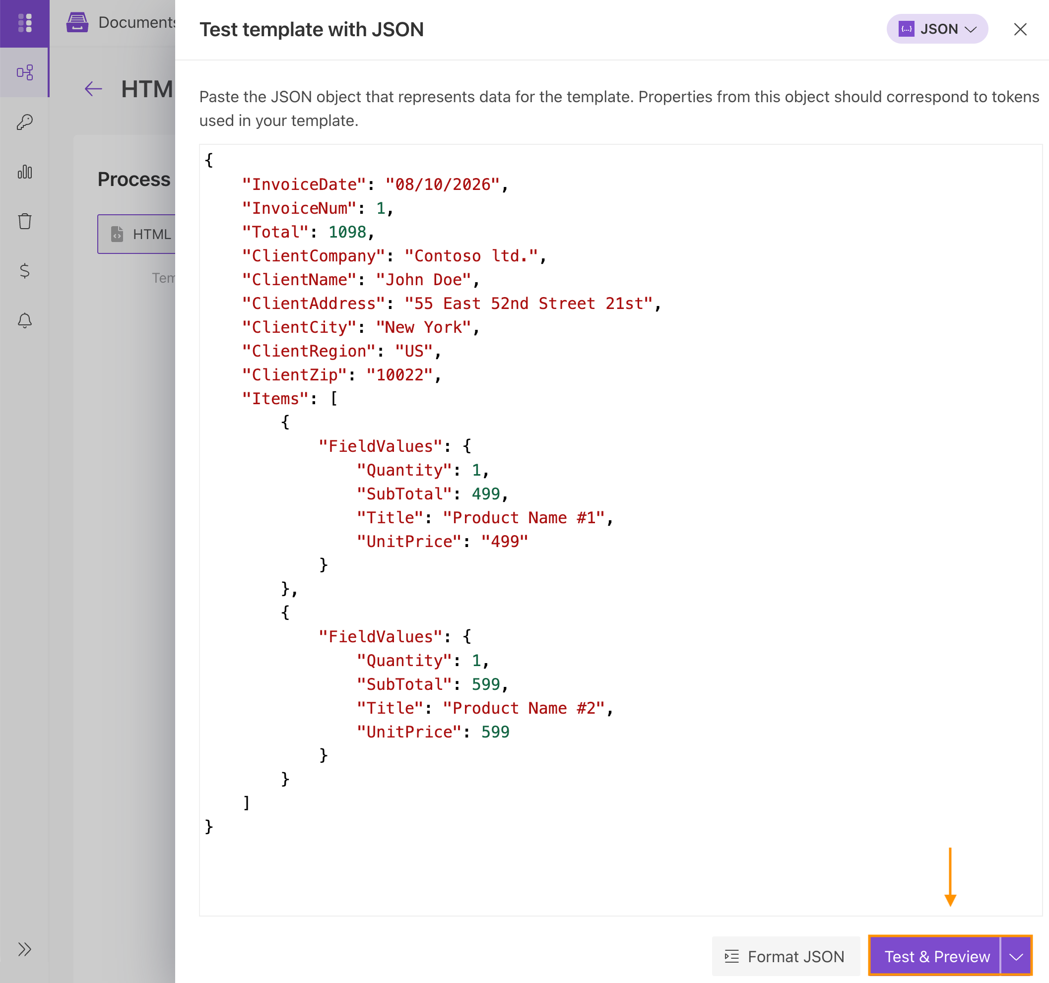 Test an HTML template with JSON data in Plumsail Documents