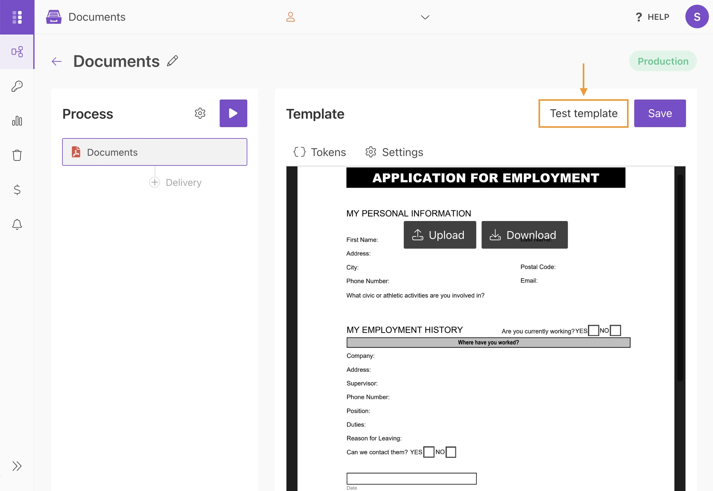 Test template button in the fillable PDF process editor