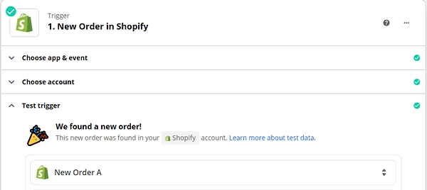Successful test result for the Shopify New Order trigger in Zapier